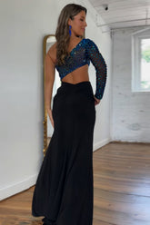 Black Prom Dress Beaded One Shoulder Long Evening Dress with Slit